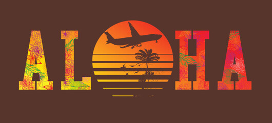 Aloha sunset and airplane tshirt print and embroidery graphic design vector art © a1vector