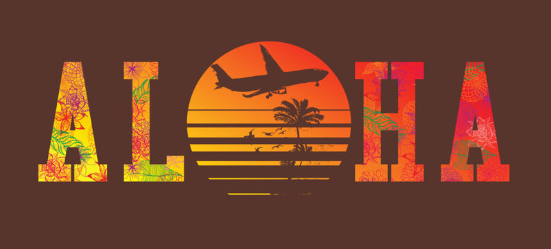 Aloha sunset and airplane tshirt print and embroidery graphic design vector art