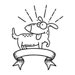 banner with black line work tattoo style happy dog