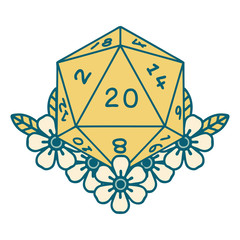 natural 20 D20 dice roll with floral elements illustration