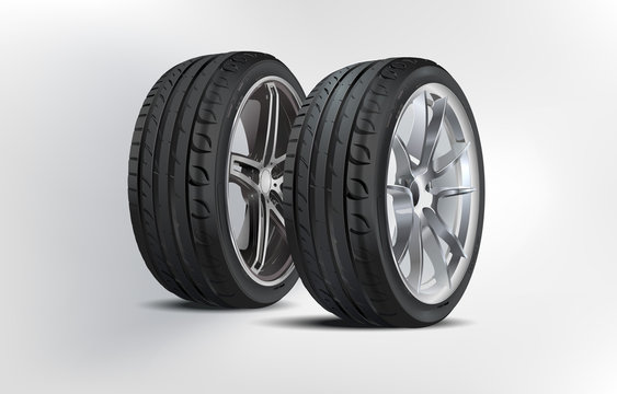 Tire Set: Matte Black Tubeless Low Profile Tyre On The Shiny Silver Drive, Isolated On White Background. High Quality Realistic Wheel. High Detail New 2 Tyres. Car Tires With Different Tread Marks.