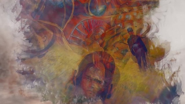Men's heads with different thoughts. Surreal landscape