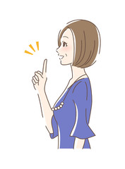 笑顔で指をさす女性の横顔