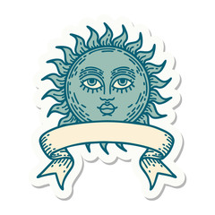 tattoo sticker with banner of a sun with face
