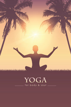 yoga for body and soul meditating person silhouette on tropical palm background vector illustration EPS10