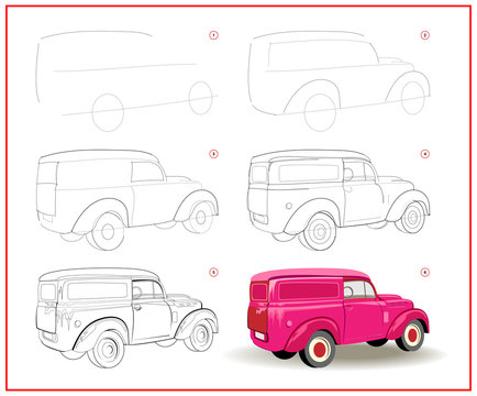 Page shows how to learn to draw step by step cute retro automobile. Developing children skills for drawing and coloring. Printable worksheet for kids school exercise book. Flat vector cartoon image.