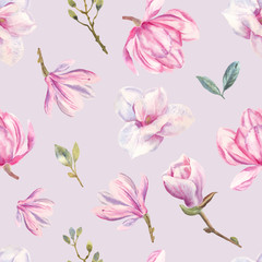 Fototapeta na wymiar Hand drawn watercolor seamless pattern with magnolia flowers and green leaves. Perfect for wrappers, wallpapers, textile, postcards, greetings, wedding invitations, romantic events.