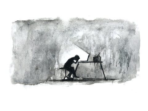 watercolor painting depressed man sitting in the dark