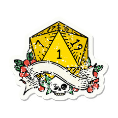 natural one d20 dice roll grunge sticker