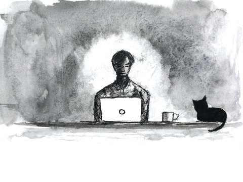 watercolor painting. work fome home with cat at night.