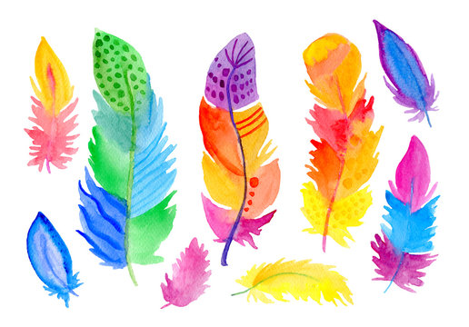 Watercolor feathers set isolated on white background. Hand painted colorful bohemian illustration.