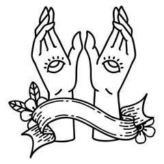 black linework tattoo with banner of mystic hands