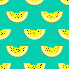 Vector watermelon seamless pattern. Bitten semicircle slice watermelon on turquoise background. Colorful vector illustration gradient fill in flat style.