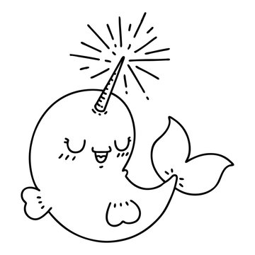 recommend clip art: traditional black line work tattoo style happy narwhal