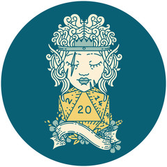 elf barbarian character with natural twenty dice roll illustration