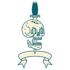 tattoo with banner of a skull and dagger