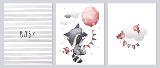 Raccoon, balloon and small birds. Set of baby watercolor illustrations.