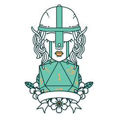 crying elf fighter character face with natural one D20 roll illustration