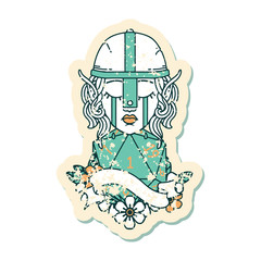 crying elf fighter character face with natural one D20 roll illustration