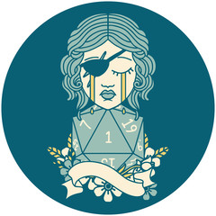 crying human rogue with natural one D20 roll illustration