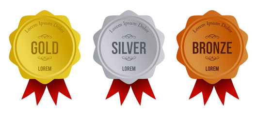 Realistic vector set of shining gold, silver and bronze medals and ribbon. Premium badges. Winner medals awards. Achievement icons. Vector illustration