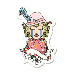 crying elf bard character face with natural one grunge sticker