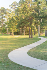Concrete winding concrete pathway and tall trees at green suburban park in Houston, Texas, USA
