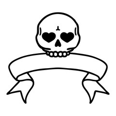 black linework tattoo with banner of a skull