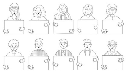 Simple outline people portraits with a blank placard .in their hands isolated on white background. Trendy man and women carrying empty banner with a place for text. Flat vector illustration