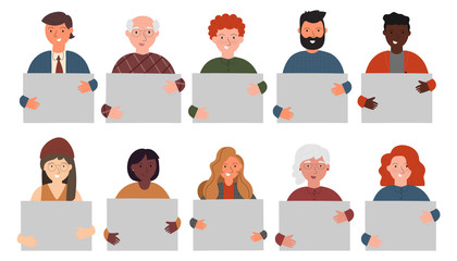 Happy business people holding a blank placard .in their hands isolated on white background. Successful man and women carrying empty banner with a place for text. Flat vector illustration