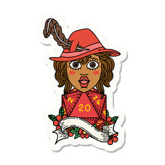 human bard with natural 20 dice roll sticker