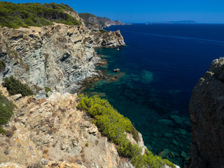 Fototapeta na wymiar Isole Porquerolles - Calanque de l'Indienne. Costa Azzurra - Francia. Scogliere.