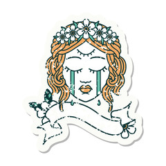 grunge sticker with banner of female face crying with third eye