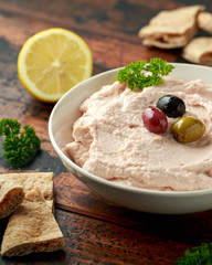 Taramasalata dip with pita bread and olives