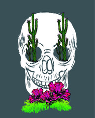 Skull and flower tshirt print and embroidery graphic design vector art