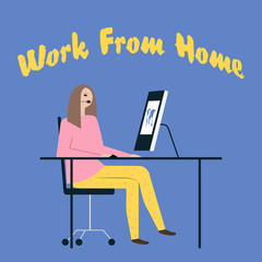 Home office concept, woman working from home. Work from home concept for your web site design, logo, app, UI. Stay at home during the coronavirus epidemic.  EPS10.