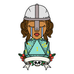 crying human fighter with natural one D20 dice illustration