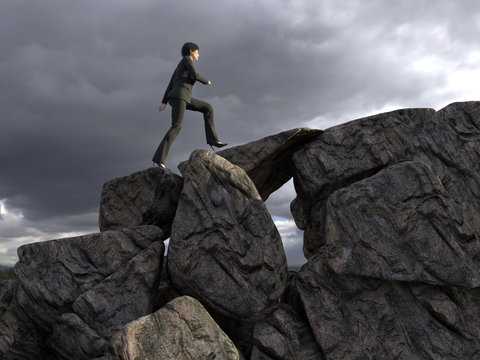 businesswoman runs to the top of the cliff