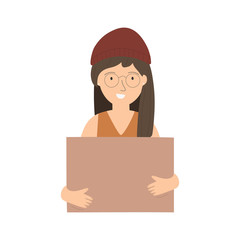 Smiling lady carrying a blank placard with a place for text isolated on white background. Female activist, woman holding an empty paper sheet. Vector illustration in flat cartoon style