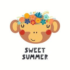 Hand drawn vector illustration of a cute monkey face in a flower crown, with lettering quote Sweet Summer. Isolated objects on white. Scandinavian style flat design. Concept for children print.