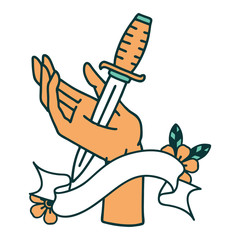 tattoo with banner of a dagger in the hand
