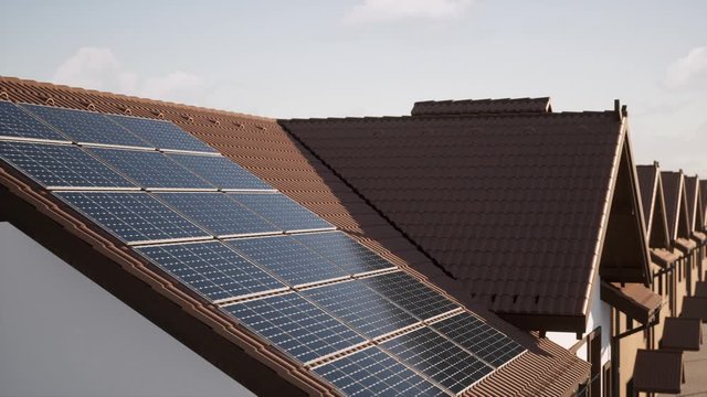 Video 3D animation of solar panels modules on roof on a sunny day