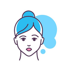 Human feeling excitement line color icon. Face of a young girl depicting emotion sketch element. Cute character on turquoise background. Outline vector illustration