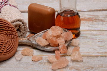 Mountain salt bath, dark soap, towels, essential for a Christmas present home spa