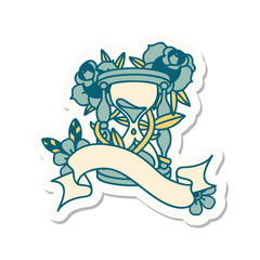 tattoo sticker with banner of an hour glass and flowers