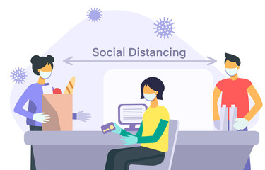 Social distancing sign, keep distance in market people with mask to protect from COVID-19 coronavirus. Man and women, food, card, virus. Vector flat illustration on white background.
