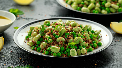 Vegan Green broad beans and quinoa salad with sweet peas and mint. Healthy food.