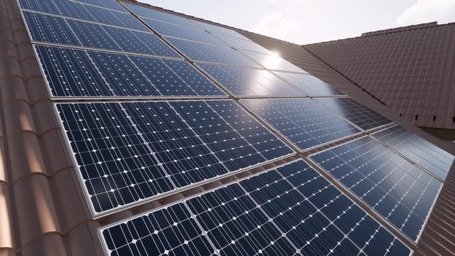 Video 3D animation of solar panels modules on roof on a sunny day