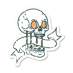 grunge sticker with banner of a skull