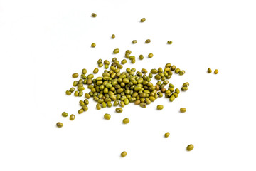 A pile of raw mung bean on white background